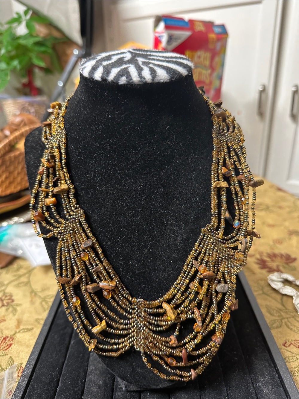 Multistrand Tiger Eye Beaded Statement Necklace - Brown Gold